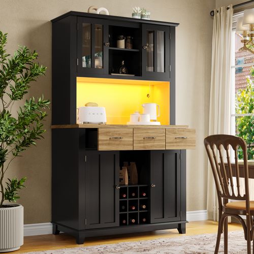 Buffet De Cuisine Noir Avec LED, Vitrine Et Rangements Bois 106x40x179,5 Cm