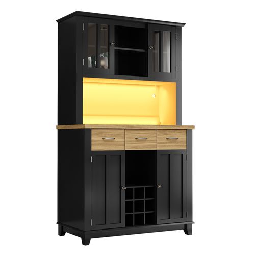 Buffet De Cuisine Noir Avec LED, Vitrine Et Rangements Bois 106x40x179,5 Cm