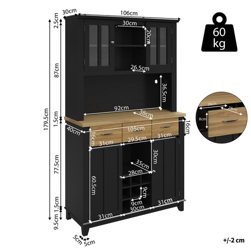 Buffet De Cuisine Noir Avec LED, Vitrine Et Rangements Bois 106x40x179,5 Cm
