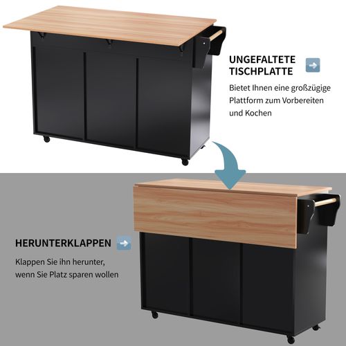 Desserte De Cuisine Noire Avec Plateau Rabattable Et Rangements, 129 Cm