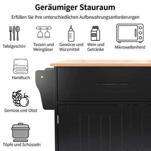 Desserte De Cuisine Noire Avec Plateau Rabattable Et Rangements, 129 Cm