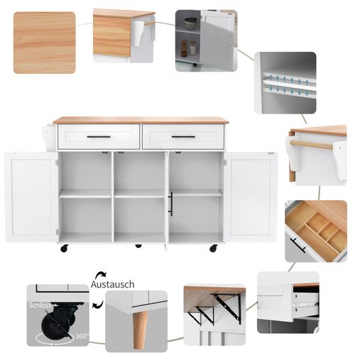 Desserte De Cuisine Blanche Avec Plateau Rabattable Et Rangements, 129 Cm