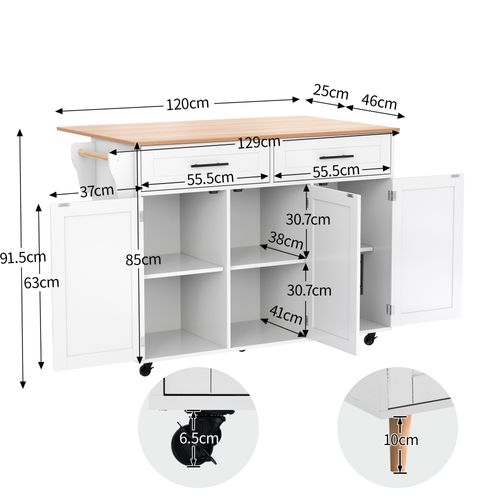 Desserte De Cuisine Blanche Avec Plateau Rabattable Et Rangements, 129 Cm