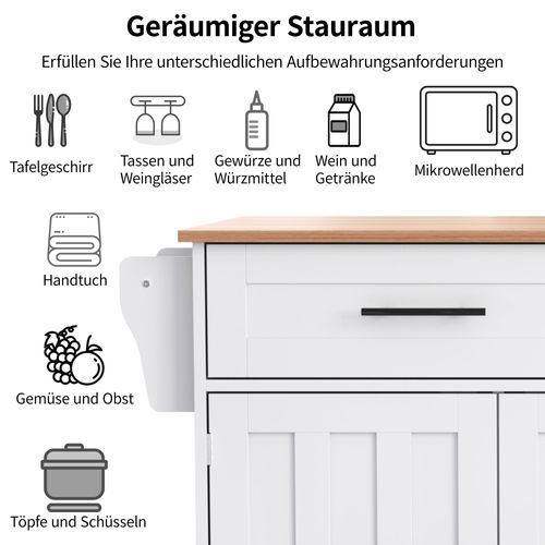 Desserte De Cuisine Blanche Avec Plateau Rabattable Et Rangements, 129 Cm