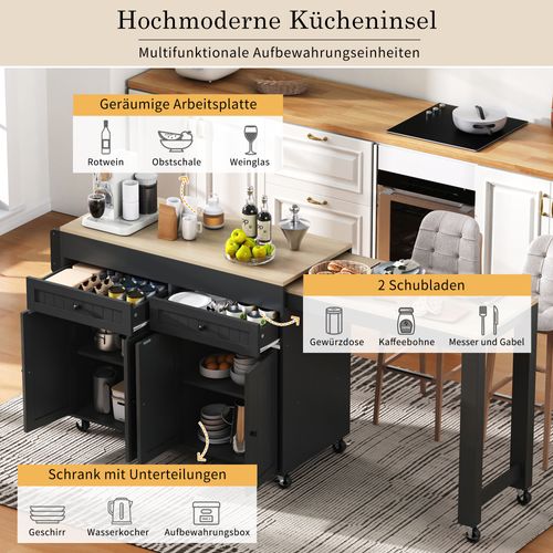 Desserte De Cuisine Mobile Noir Et Naturel Avec Plan Extensible Et Rangements