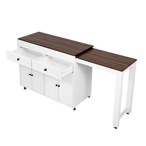 Desserte De Cuisine Mobile Blanc Et Noyer Avec Plan Extensible Et Rangements