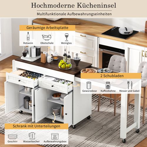 Desserte De Cuisine Mobile Blanc Et Noyer Avec Plan Extensible Et Rangements