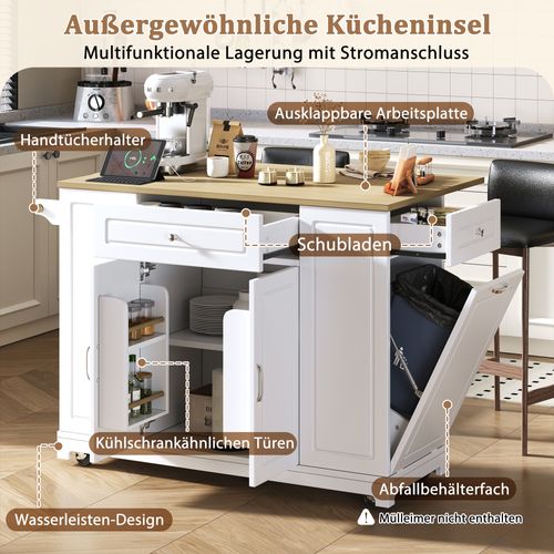 Desserte De Cuisine Mobile Blanc Avec Tiroirs Multifonctions Et Poubelle Intégrée