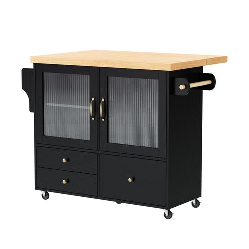 Desserte De Cuisine Mobile Noir Avec Table Extensible Et Support à Verres