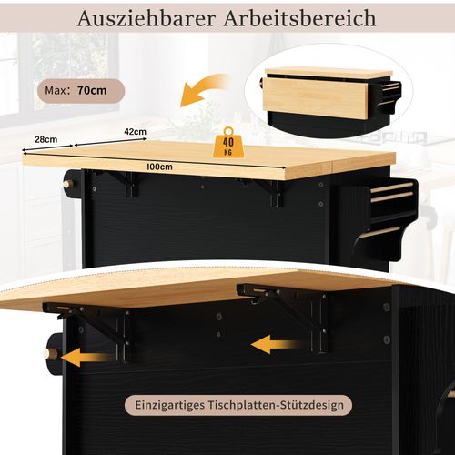 Desserte De Cuisine Mobile Noir Avec Table Extensible Et Support à Verres