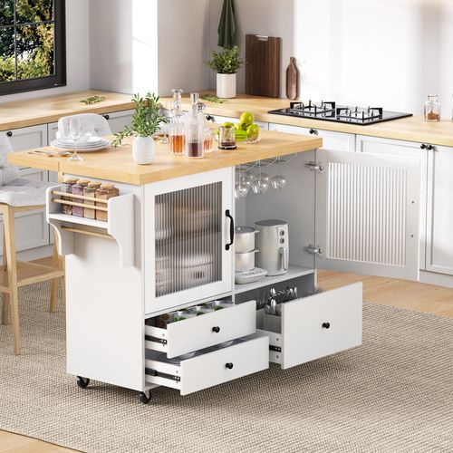 Desserte De Cuisine Mobile Blanc Avec Table Extensible Et Support à Verres