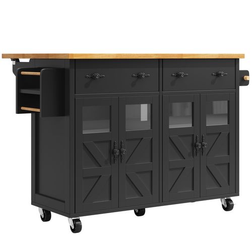 Desserte De Cuisine Mobile Noir Avec Portes En Verre Et Tiroirs Spacieux