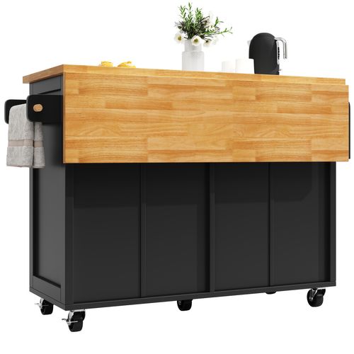 Desserte De Cuisine Mobile Noir Avec Portes En Verre Et Tiroirs Spacieux