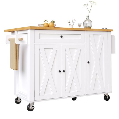 Desserte De Cuisine Mobile Blanc Avec Tiroir, 3 Portes Et Roulettes Pivotantes 99x70x90 Cm