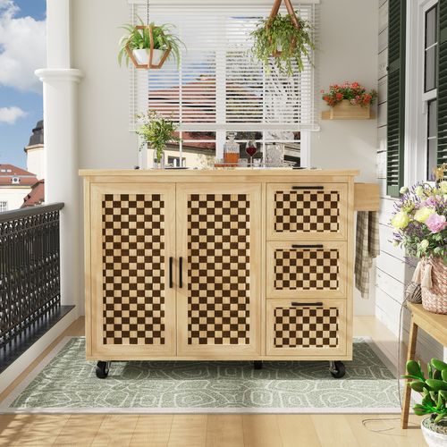 Desserte De Cuisine Mobile Avec Tiroirs, Portes Et Motif Échiquier Bois 120x45x92 Cm
