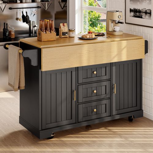 Desserte De Cuisine Noir Extensible Avec Tiroirs, Portes Et Table Rabattable 120x40x95 Cm