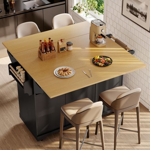 Desserte De Cuisine Noir Extensible Avec Tiroirs, Portes Et Table Rabattable 120x40x95 Cm
