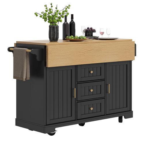 Desserte De Cuisine Noir Extensible Avec Tiroirs, Portes Et Table Rabattable 120x40x95 Cm
