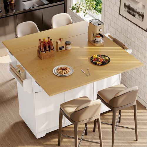 Desserte De Cuisine Blanc Extensible Avec Tiroirs, Portes Et Table Rabattable 120x40x95 Cm