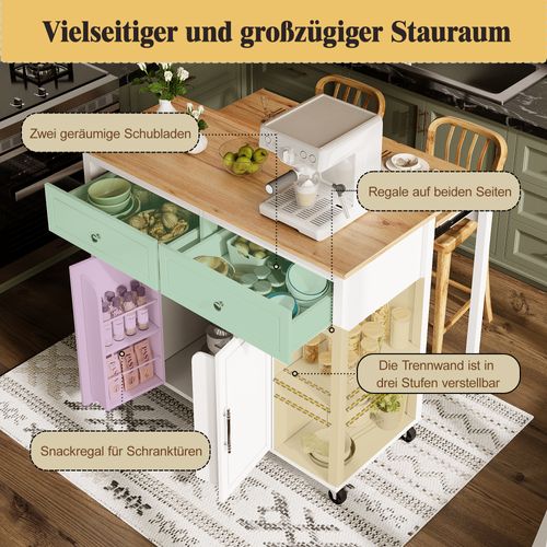 Desserte De Cuisine Mobile Avec Tiroirs Et Plateau Extensible 120x50x92 Cm