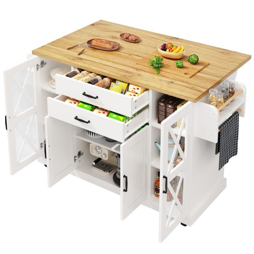 Desserte De Cuisine Blanc Avec Portes Vitrées, Tiroirs Et Étagères Réglables 120x40x94,5 Cm