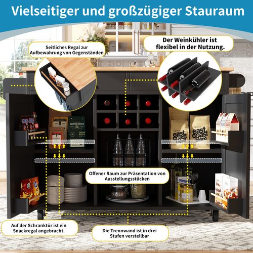 Desserte De Cuisine Moderne 102x45x92 Cm Avec Rangement Et Roulettes, Noir