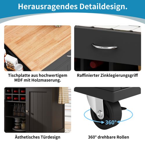 Desserte De Cuisine Moderne 102x45x92 Cm Avec Rangement Et Roulettes, Noir