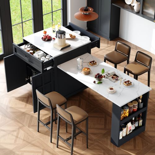 Table De Bar Extensible 133-202x70x93,5 Cm Avec Rangement Et Tiroirs, Noir