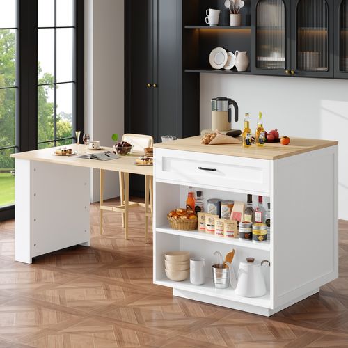 Table De Bar Extensible 133-202x70x93,5 Cm Avec Rangement Et Tiroirs, Blanc