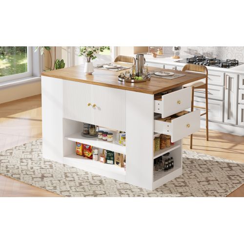 Îlot De Cuisine Moderne 140×40×90 Cm Avec Tiroirs, Étagères Et Table Extensible, Blanc