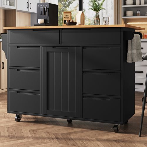 Desserte De Cuisine Moderne 111×40×91,5 Cm Avec 8 Tiroirs, Table Extensible Et Rangement, Noir