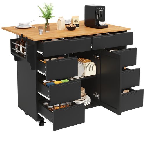 Desserte De Cuisine Moderne 111×40×91,5 Cm Avec 8 Tiroirs, Table Extensible Et Rangement, Noir