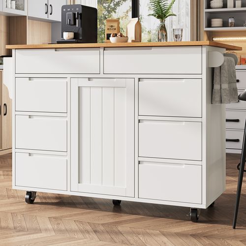 Desserte De Cuisine Moderne 111×40×91,5 Cm Avec 8 Tiroirs, Table Extensible Et Rangement, Blanc