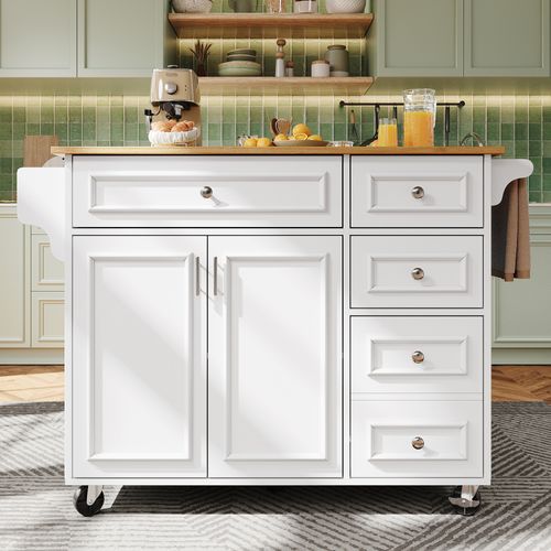 Desserte De Cuisine Multifonction 110×45-75×92 Cm Avec Table Pliante Et Rangement, Blanc