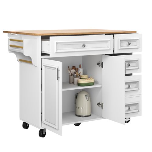 Desserte De Cuisine Multifonction 110×45-75×92 Cm Avec Table Pliante Et Rangement, Blanc