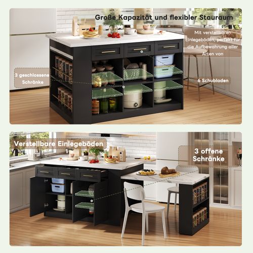 Île De Cuisine Multifonction 150x96 Cm Avec Table Escamotable Et Plan Marbré