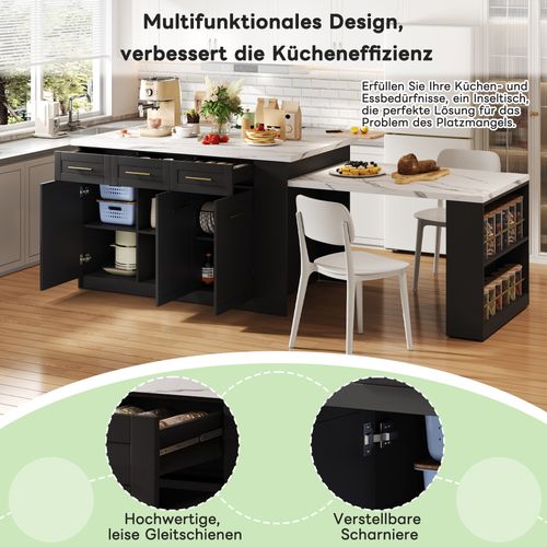 Île De Cuisine Multifonction 150x96 Cm Avec Table Escamotable Et Plan Marbré