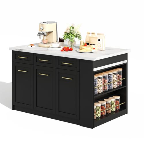 Île De Cuisine Multifonction 150x96 Cm Avec Table Escamotable Et Plan Marbré