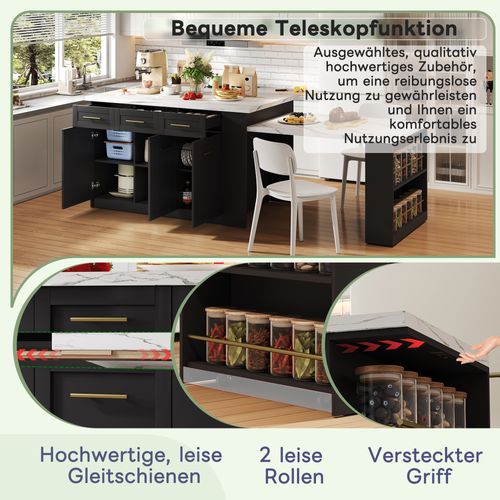 Île De Cuisine Multifonction 150x96 Cm Avec Table Escamotable Et Plan Marbré