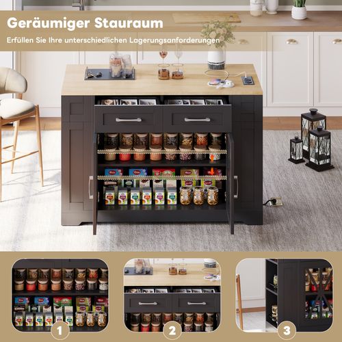 Île De Cuisine Portable 120 Cm Avec Table Rabattable Et Prises Intégrées, Noir