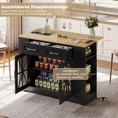 Île De Cuisine Portable 120 Cm Avec Table Rabattable Et Prises Intégrées, Noir