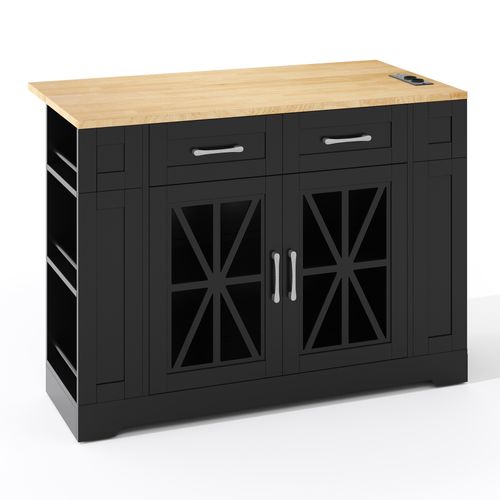 Île De Cuisine Portable 120 Cm Avec Table Rabattable Et Prises Intégrées, Noir