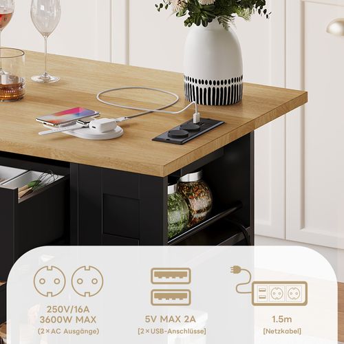 Île De Cuisine Portable 120 Cm Avec Table Rabattable Et Prises Intégrées, Noir