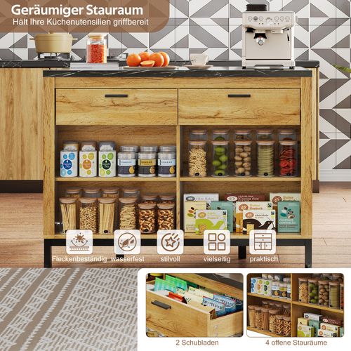 Île De Cuisine Style Campagnard 120×75×90 Cm Avec Plan Noir Et Étagères