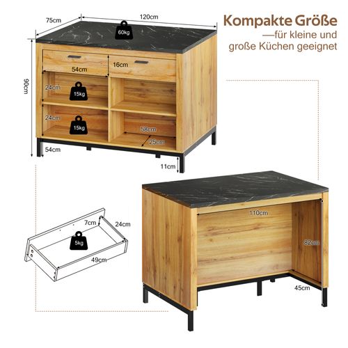 Île De Cuisine Style Campagnard 120×75×90 Cm Avec Plan Noir Et Étagères