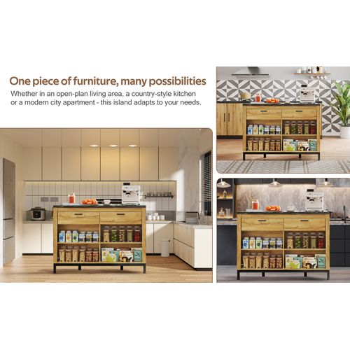 Île De Cuisine Style Campagnard 120×75×90 Cm Avec Plan Noir Et Étagères