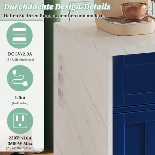 Île De Cuisine Compacte 120x60x91 Cm Avec Bar, Prises Et USB Intégrés, Bleu