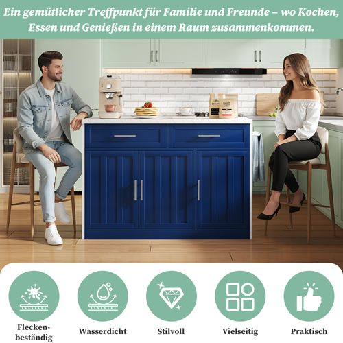 Île De Cuisine Compacte 120x60x91 Cm Avec Bar, Prises Et USB Intégrés, Bleu