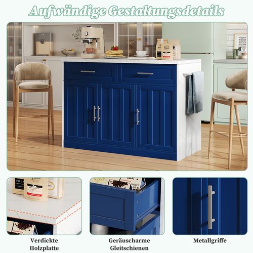 Île De Cuisine Compacte 120x60x91 Cm Avec Bar, Prises Et USB Intégrés, Bleu