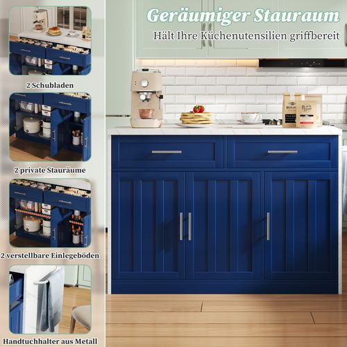 Île De Cuisine Compacte 120x60x91 Cm Avec Bar, Prises Et USB Intégrés, Bleu